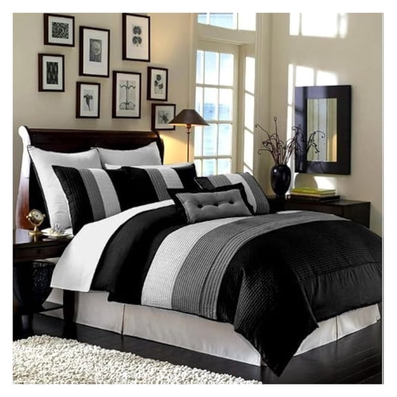 Loft 8-Piece Luxury Striped Comforter Set (California King, Black/Gray/White)