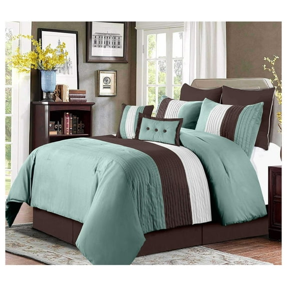 Loft 8-Piece Luxury Striped Comforter Set (California King, Blue/Beige/Chocolate Brown)