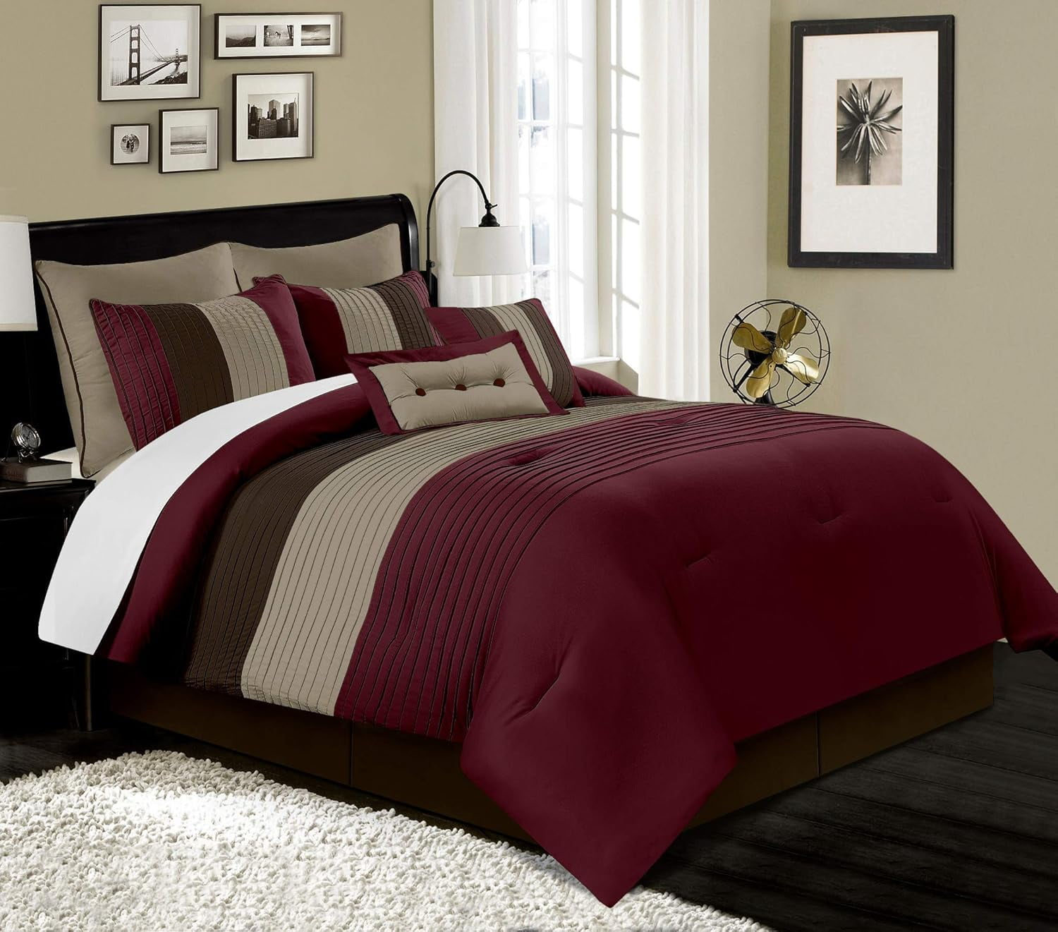 Full Burgundy Microfiber Comforter Set with Pleated Stripes