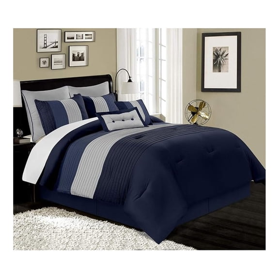 Loft 8-Piece Luxury Striped Comforter Set (King, Navy/Gray/Blue)