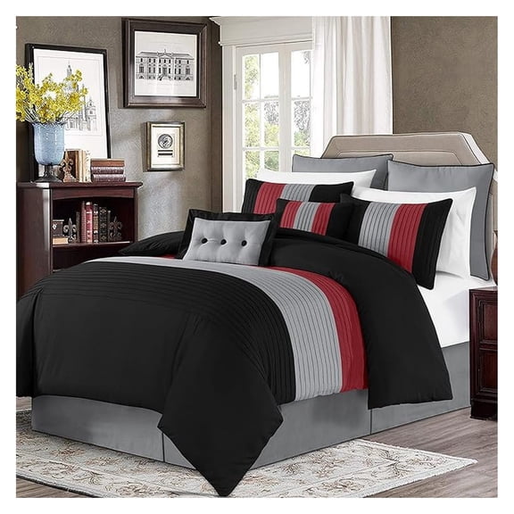 Loft 8-Piece Luxury Striped Comforter Set (King, Red/Black/Gray)
