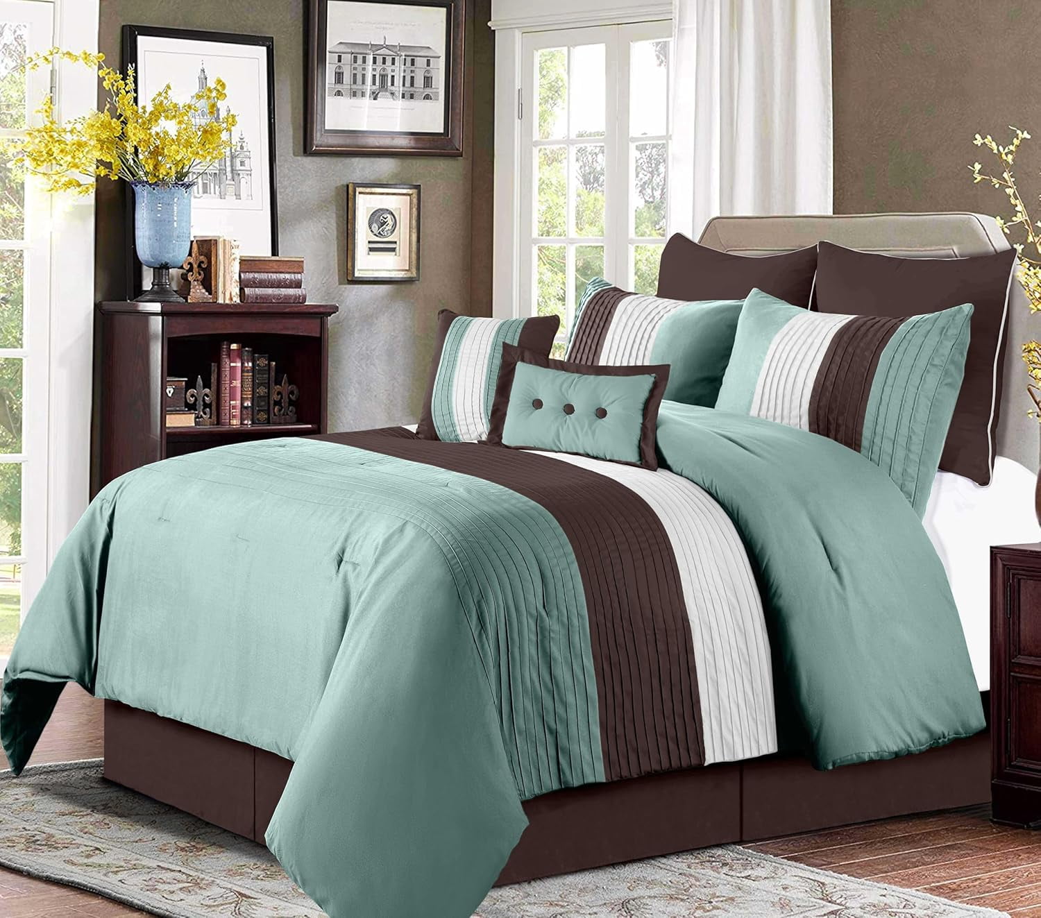 Queen Blue Beige Chocolate Brown Striped Comforter Set