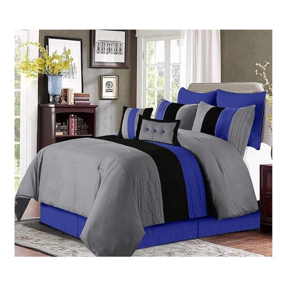 Loft 8-Piece Oversized King Comforter Set, Gray/Blue/Black Luxury Striped Bedding for All Season