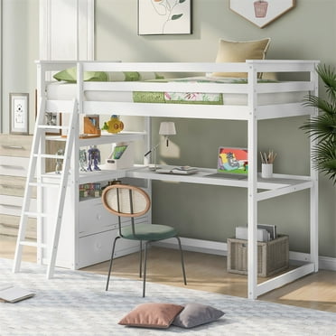 Loft Bed with Desk, Shelves and Two Built-in Drawers, Solid Wood Twin Size Loft Bed Frame with Full-Length Guardrail and Ladder, Multifunctional Loft Bed with Large Under Bed Space & Workstation White