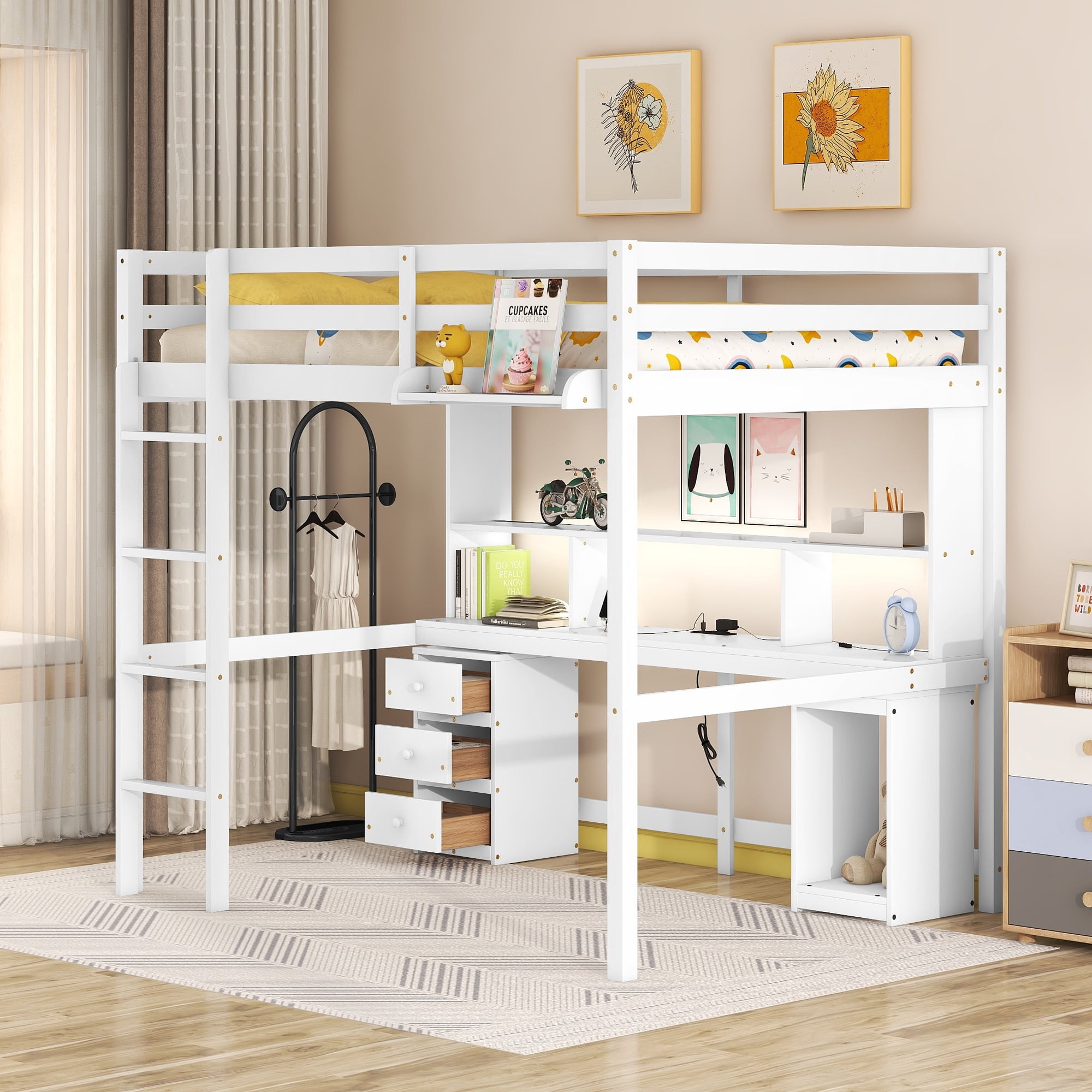 Loft Bed with Desk, Solid Wood Loft Bed Frame with Multistorage Desk