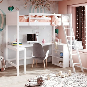 Loft Bed with Desk and Storage Shelves, Wooden Twin Size Loft Bed Frame with Full-Length Guardrail & Inclined Ladder, Multifunctional Loft Bed with Under Bed Storage Space, No Box Spring Needed White