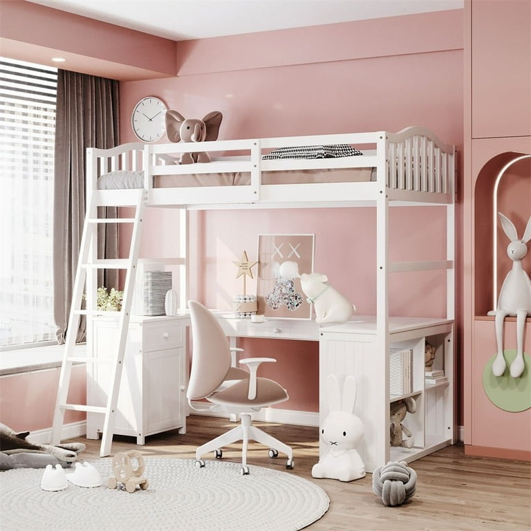 Loft Bed with Desk Twin Size Wooden Loft Bed Frame with 2 Drawers Cabinet and 4 Shelves Multi Functional Loft Bed with Full Length Guardrails and Inclined Ladder No Box Spring Required White