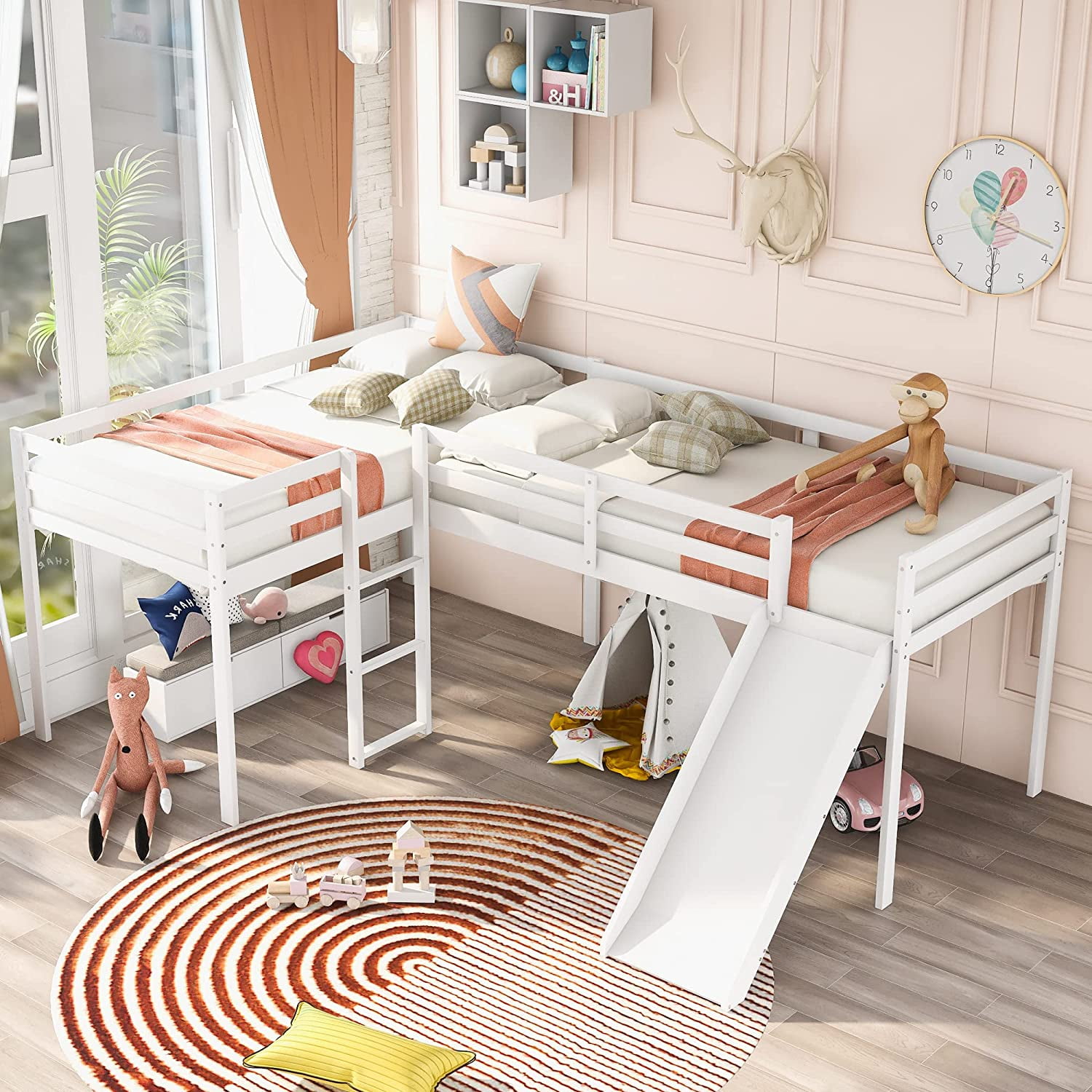 Loft Bed For Kids, LShape Loft Beds With Slide, Low Loft Bed Frame