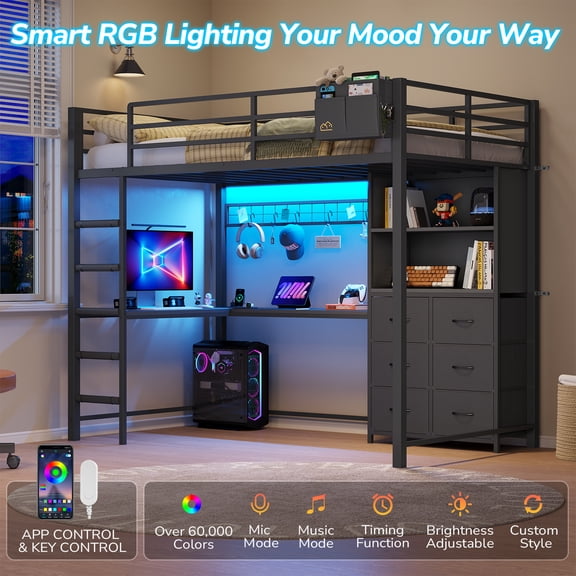 Loft Bed Frame Twin Size with 6 Storage Drawers and Bookshelf, Metal Loft Beds with L Shaped Desk, Charging Station, LED Lights and Safety Guardrail for Teen, Black