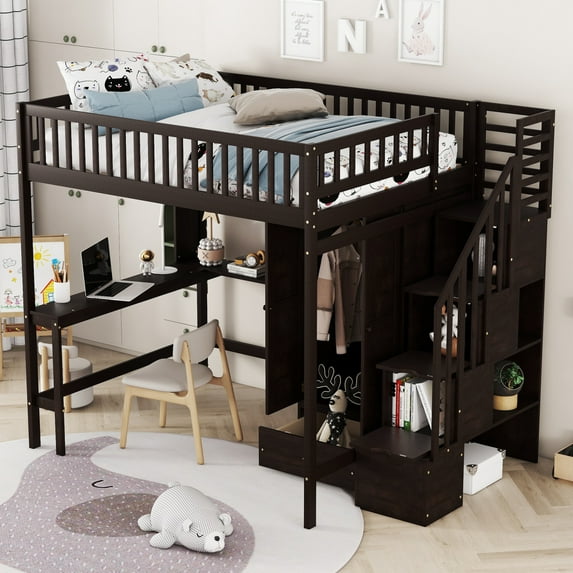 Loft Bed Full Size with Desk, Full Size Loft Bed with Bookshelves and 4 Steps Storage Staircase, Built-in Large Drawers and Wardrobe, Full Loft Bed for Dorm, Boys & Girls, Teens, Espresso