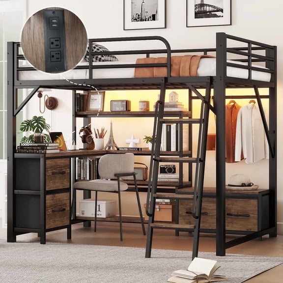 Loft Bed Full Size with Desk and Charging Station, Metal Loft Beds Frame with LED Lights, Bookcase & 4 Fabric Storage Drawers & Bench, Adults Loft Beds with Wardrobe -Safety Guard & Ladder, Black