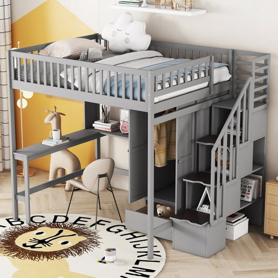 Triple Tree Kids Loft Bed with Desk, Bookshelves and Storage Staircase, Gray