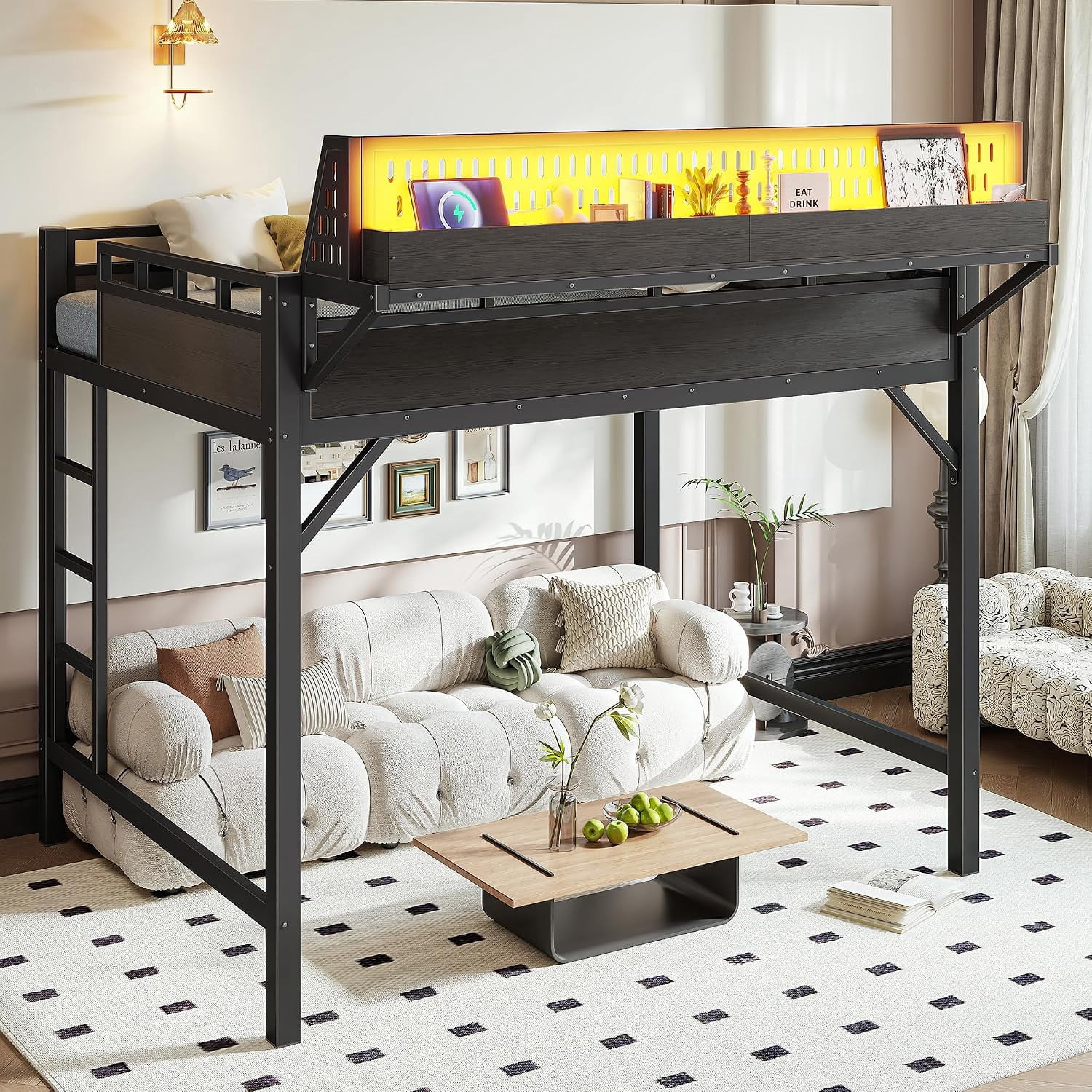 Loft Bed Full Size, Heavy Duty Metal Loft Bed Frame with LED Lights, USB, Outlet, Storage Shelf, Ladder and Guardrail, No Box Spring Needed for Dorms, Apartments, Small Spaces, Black