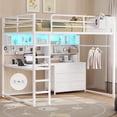 thumbnail image 1 of Loft Bed Full Size with L-Shaped Desk and 6 Storage Drawers and LED Lights, Metal Loft Full Beds with Charging Station, Bookcase Storage, 2 Shelves, Clothing Rack and Ladder for Teen, White, 1 of 9