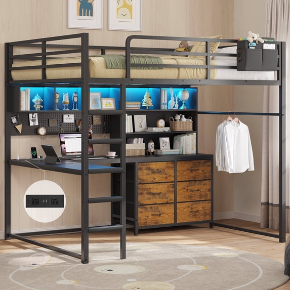 Loft Bed Full Size with L-Shaped Desk and 6 Storage Drawers and LED Lights, Metal Loft Full Beds with Charging Station, Bookcase Storage, 2 Shelves, Clothing Rack and Ladder for Teen, Black