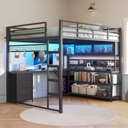 Loft Bed Full Size with L-Shaped Gaming Desk, Arcylic RGB Hutch & Safety Power Outlet, Metal Gaming Loft Bed Frame with Storage Drawer, Shelves, Guardrail, Space Saving, Black
