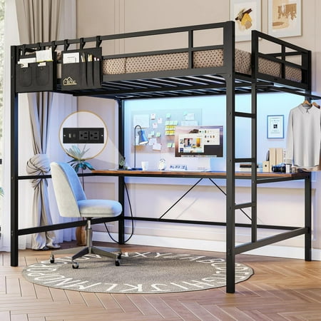 Loft Bed Full Size Metal Loft Bed Frame with Desk and Led Lights and Charging Station, Full Loft Bed Frame Safety Guard & Ladder for Bedroom, No Box Spring Needed, Black
