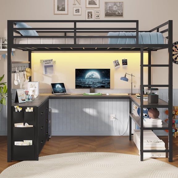 Loft Bed Full Size with U-Shaped Desk, 6 Storage Drawers, Power Outlet, LED Light Metal Loft Bed with 2 Storage Shelves,with 13" Safety Guardrail & Ladders, No Box Spring Needed, Grey