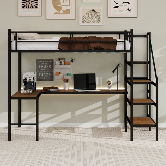 Loft Bed L-Shaped Desk Storage Compartments Bed Frame Stairs Continuous Railing