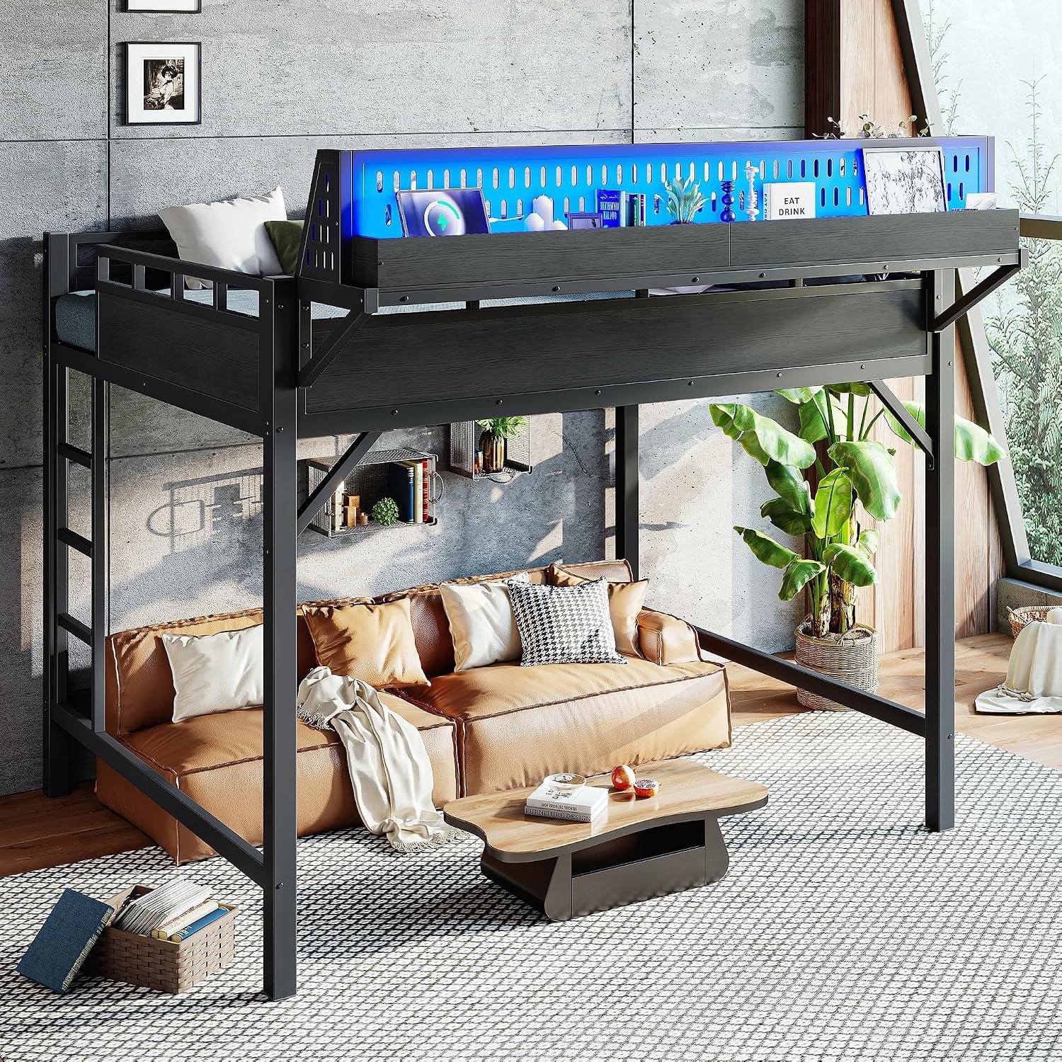Loft Bed Queen Size, Heavy Duty Metal Loft Bed Frame with LED Lights, USB, Outlet, Storage Shelf, Ladder and Guardrail, No Box Spring Needed for Dorms, Apartments, Small Spaces, Black
