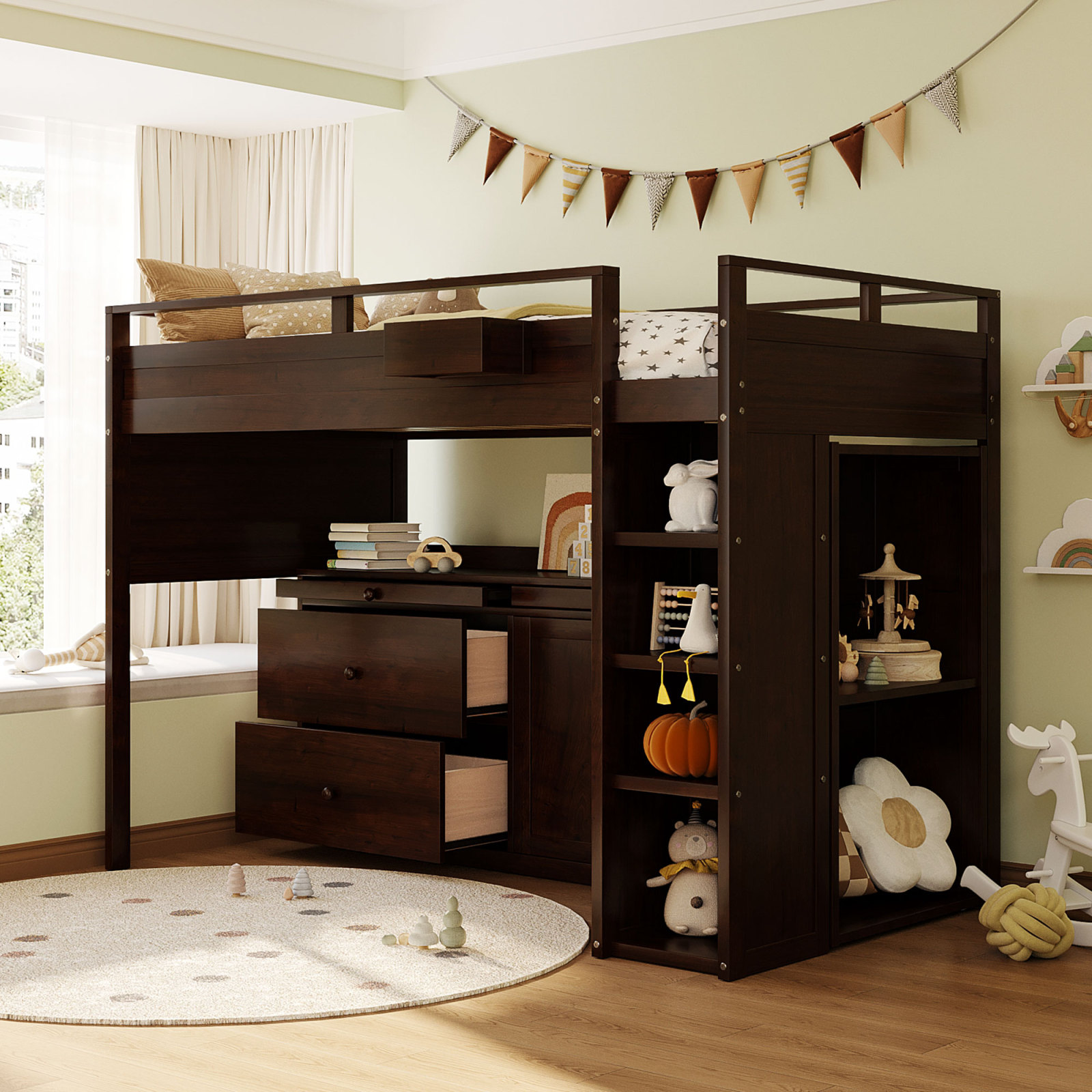 Loft Bed with Rolling and Desk, Espresso Solid Wood+MDF, Twin