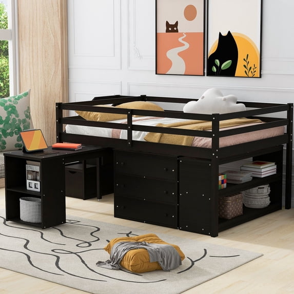Loft Bed, Solid Wood Low Loft Bed with Retractable Writing Desk and 3 Drawers, Modern Storage Loft Bed with Storage Stairs and Shelves for Boys Girls Teens, Space Saving