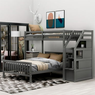 Loft Bed with Staircase, Convertible Twin over Full Bunk Bed, L-Shaped Solid Wood Bunk Beds with Full-Length Guardrail, A Twin Loft Bed and A Full Size Bed Frame with Headboard and Footboard, Gray