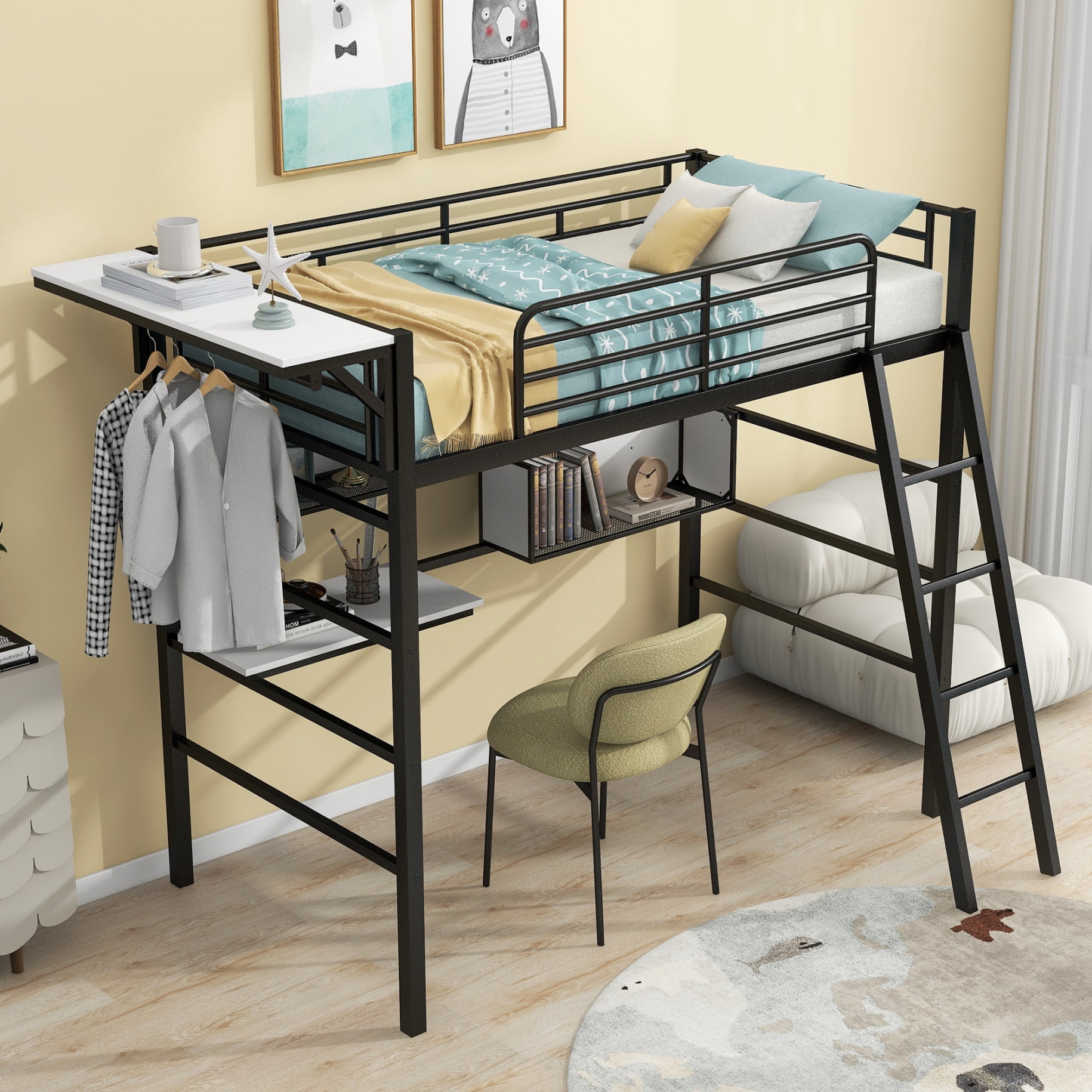 Loft Bed with Stairs, Loft Bed Twin Size with Desk and 2 Shelves, Built ...