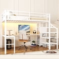 thumbnail image 1 of Loft Bed with Stairs and Wardrobe, Full Size Metal Loft Beds Frame with L-Shape Desk and LED Lights, Loft Bed Full with USB Charging Station, Gaming Loft Bed No Box Spring Needed-White, 1 of 10