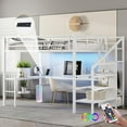 thumbnail image 1 of Loft Bed with Stairs and Wardrobe, Queen Size Metal Loft Beds Frame with L-Shape Desk and LED Lights, Kids Loft Bed Queen with USB Charging Station, Gaming Loft Bed No Box Spring Needed-White, 1 of 8