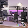 thumbnail image 1 of Loft Bed with Stairs and Wardrobe, Queen Size Metal Loft Beds Frame with L-Shape Desk and LED Lights, Loft Bed Queen with USB Charging Station, Gaming Loft Bed No Box Spring Needed-Black, 1 of 9
