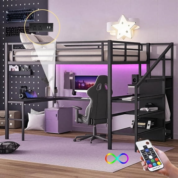 Loft Bed with Stairs and Wardrobe, Queen Size Metal Loft Beds Frame with L-Shape Desk and LED Lights, Loft Bed Queen with USB Charging Station, Gaming Loft Bed No Box Spring Needed-Black