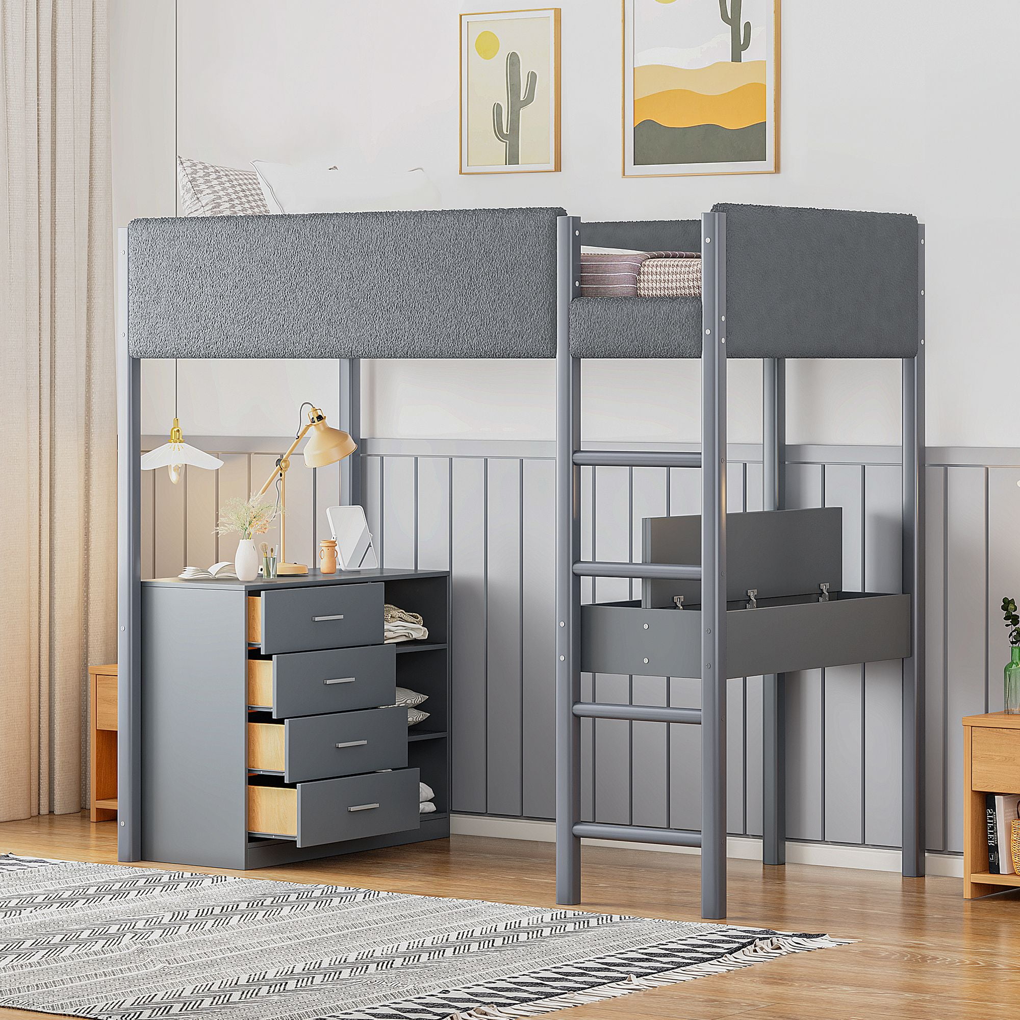 Loft Bed with Storage Shelf, Drawers and Desk, Teddy Fleece Wooden Loft — free download