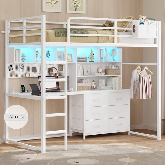 Loft Bed Twin with 6 Fabric Drawers and Charging Station, Metal Twin Loft Beds with L-Shaped Desk, LED Lights, Bookcase Storage, 2 Shelves, Pegboard and Ladder for Teen, White