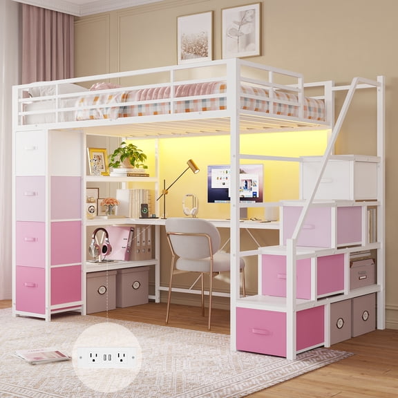 Loft Bed Twin with 8 Storage Drawers and Desk, Metal Loft Twin Beds with LED Lights & Charging Station & Storage Shelves & Staircase for Teens/Adults, Multifunctional Loft Bed Frame, White&Pink