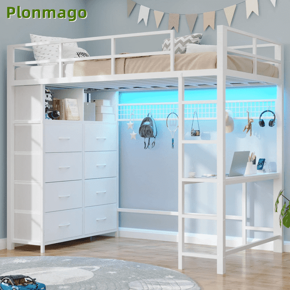 Loft Bed Twin with Desk,Metal Loft Bed Frame Twin with LED Lights & Charging Sation, 8 Drawers,Storage Shelves, 13.1" H Safety Guard,Ladder, No Box Spring Needed, White