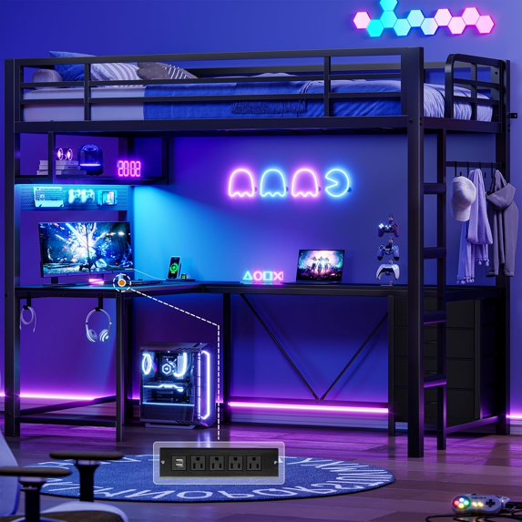 Loft Bed Twin Size with 23.6'' Wide Extra Lage L Shape Desk,Power Outlet and LED Lighted,4 Drawers,Storage Shelf,12 Hooks,No Box Spring Needed,Space-Saving,Noise Free,Black