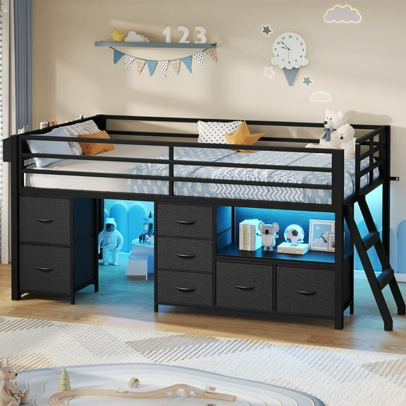 Loft Bed Twin Size with 7 Storage Drawers, Bookcase and LED Lights, Metal Low Loft Bed with 14" H Safety Guardrail,Inclined Ladder and Play Curtain, Under-Bed Play Space, Black