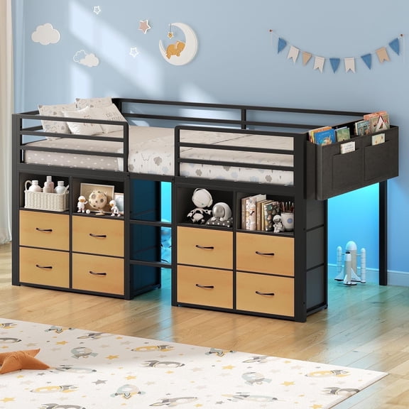 Loft Bed Twin Size with 8 Storage Drawers,Bookcase,Under-Bed Play Space,Low Twin Loft Bed with LED Lights, Metal Loft Bed with 14" H Safety Guardrail, No Box Spring Needed, Black