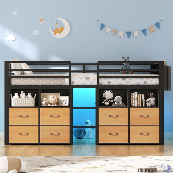 Twin Size Loft Bed with 8 Storage Drawers,Bookcase,Under-Bed Play Space,Low Twin Loft Bed with LED Lights, Metal Loft Bed with 14" H Safety Guardrail, No Box Spring Needed, Black