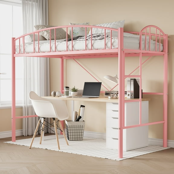Loft Bed Twin Size with Arched Guardrail and Safety Ladder, Heavy Duty Metal Single Bunk Bed Loft, Sturdy Steel Slats Support, Small Space Saving Design, No Box Spring Needed