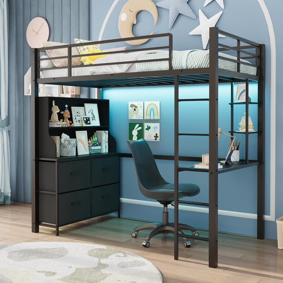 Loft Bed Twin Size with Desk, 4 Large Fabric Drawers and 2 Storage Shelves, Heavy Duty Metal Loft Bed with LED Lights & Charging Sation, Safety Guard & Ladder, No Box Spring Needed, Black