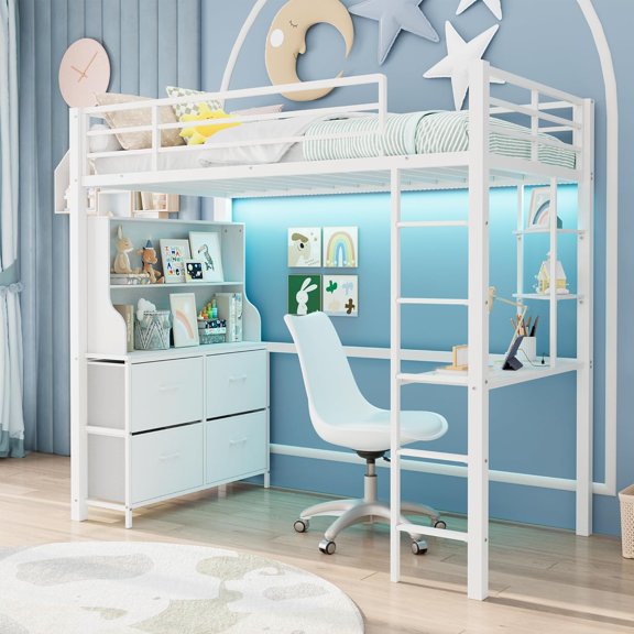 Loft Bed Twin Size with Desk, 4 Large Fabric Drawers and 2 Storage Shelves, Heavy Duty Metal Loft Bed with LED Lights & Charging Sation, Safety Guard & Ladder, No Box Spring Needed