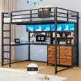 thumbnail image 1 of Loft Bed Full Size with Desk, 6 Storage Drawers and Bookshelf, Metal Loft Full Bed Frame with USB Charging Station, LED Lights, Storage Shelf, Full-Length Guardrail & Ladder, Black, 1 of 9