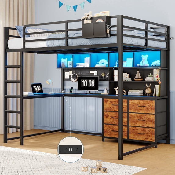 Loft Bed Full Size with Desk, 6 Storage Drawers and Bookshelf, Metal Loft Full Bed Frame with USB Charging Station, LED Lights, Storage Shelf, Full-Length Guardrail & Ladder, Black