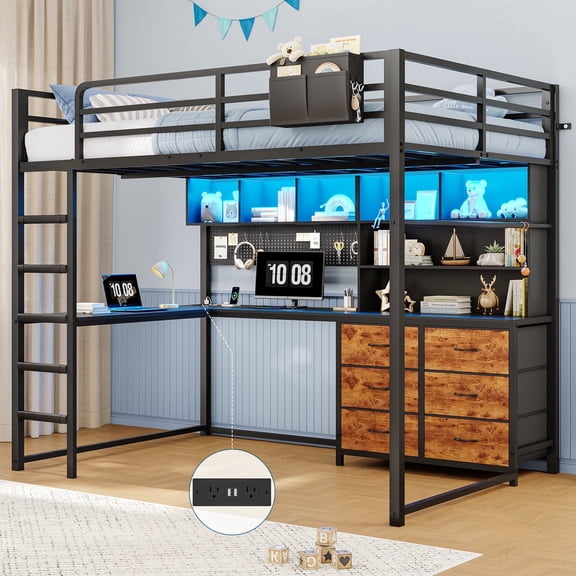 Loft Bed Full Size with Desk, 6 Storage Drawers and Bookshelf, Metal Loft Full Bed Frame with USB Charging Station, LED Lights, Storage Shelf, Full-Length Guardrail & Ladder, Black