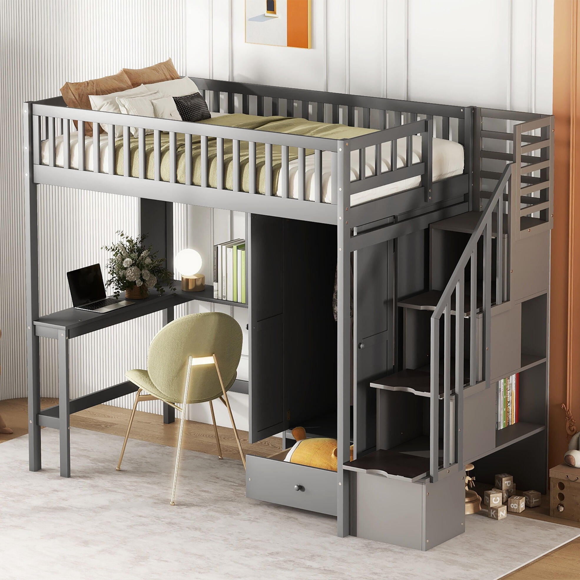 Loft Bed Twin Size with Desk, Twin Loft Bed with Bookshelves and 4 ...