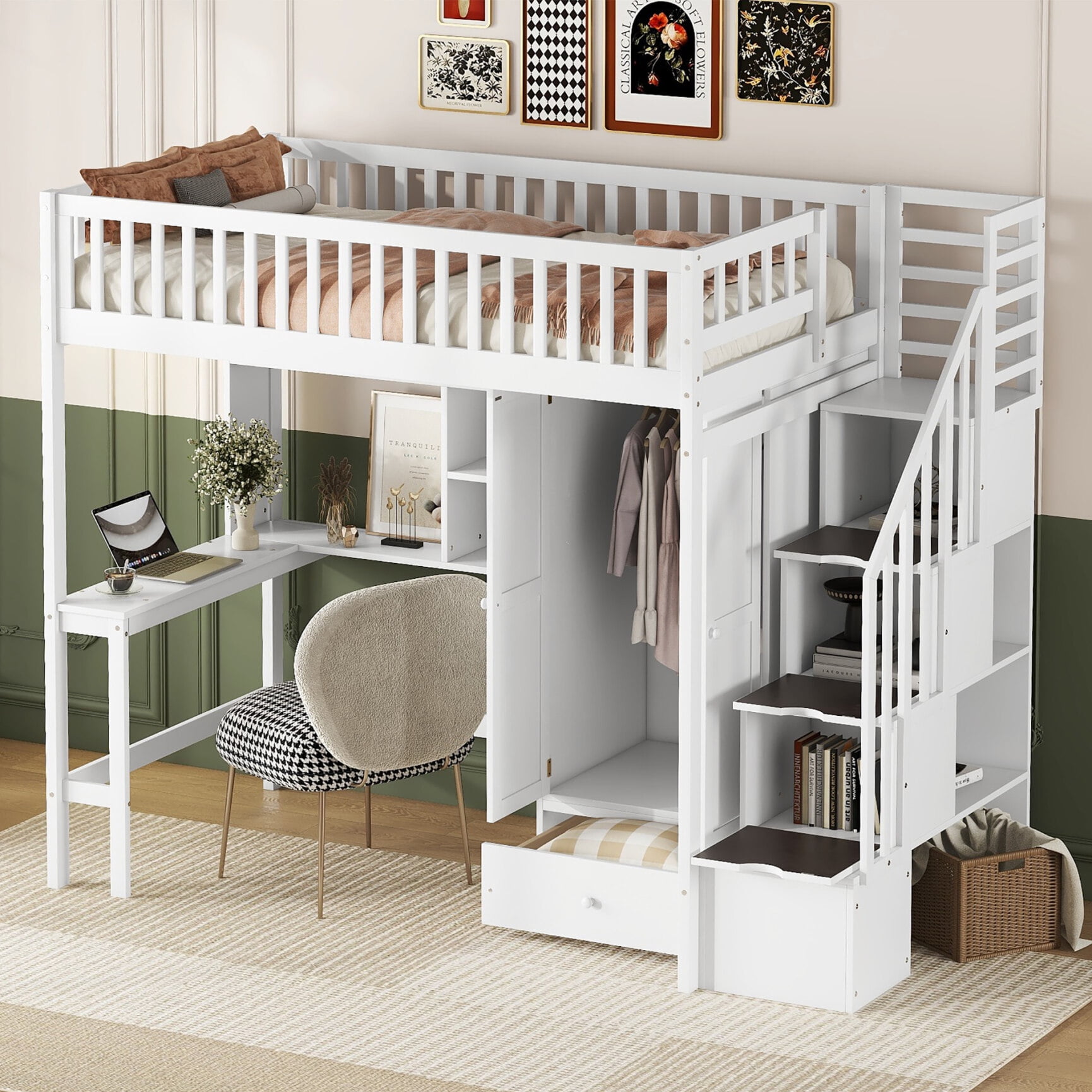Loft Bed Twin Size with Desk, Twin Loft Bed with Bookshelves and 4 ...