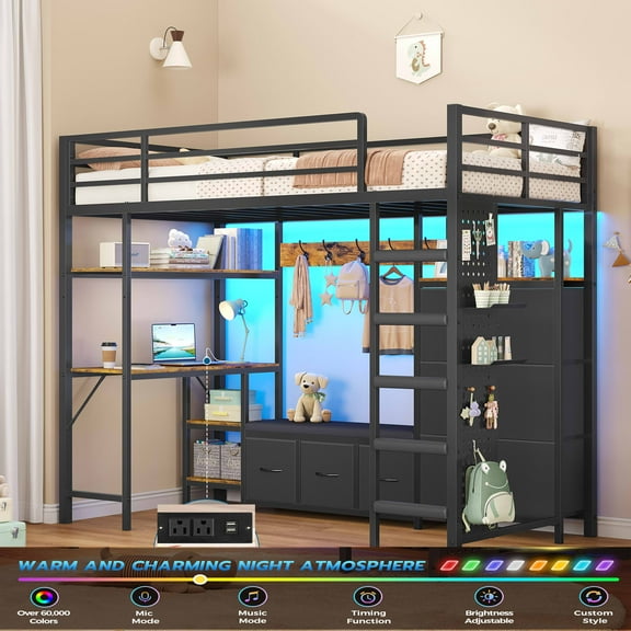 Loft Bed Twin Size with Desk and Charging Station and LED Lights, Metal Twin Loft Bed with 6 Storage Drawers & Large Pegboard & Coat Rack, Safety Guardrail and Ladder, Black