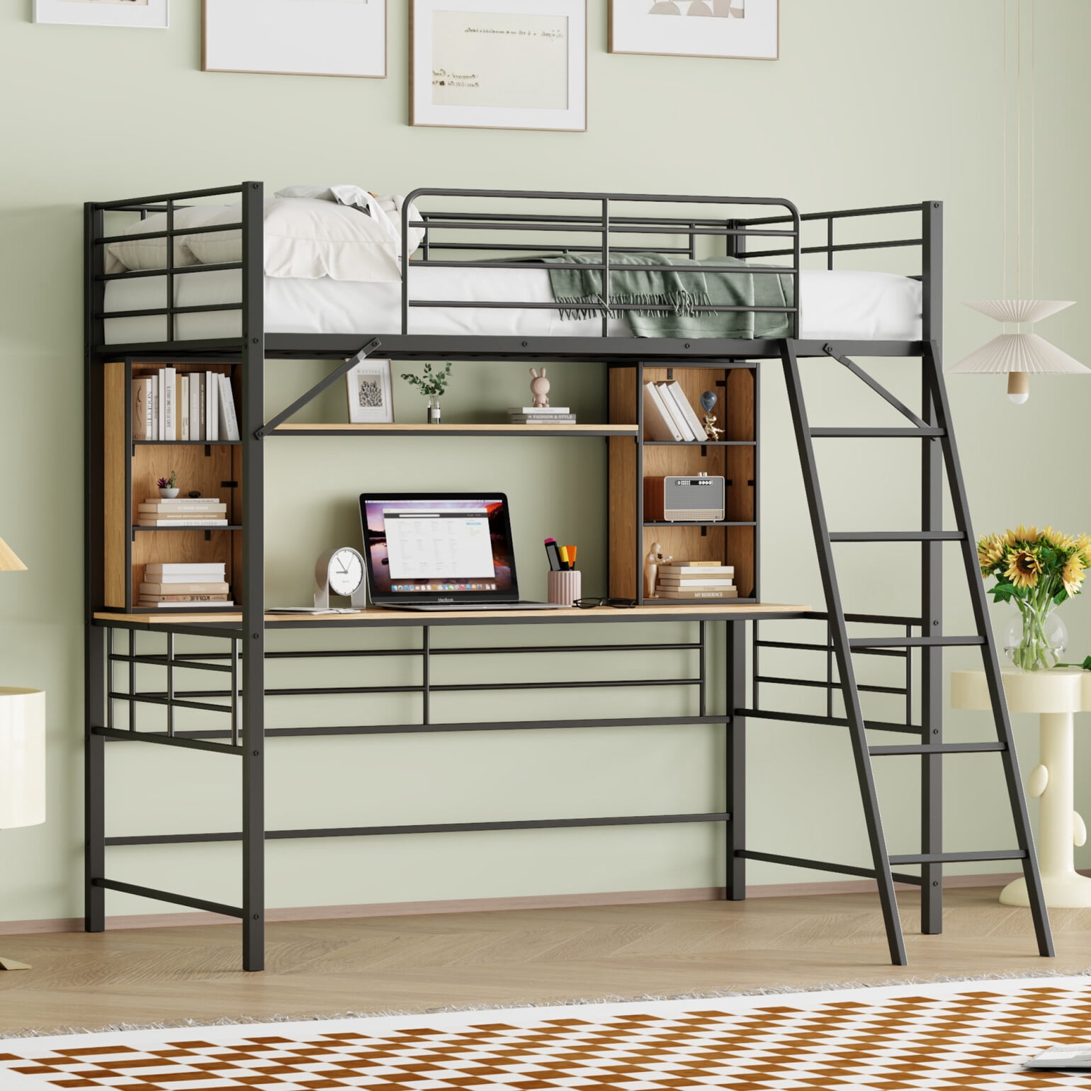 Loft Bed Twin Size with Desk and Storage Shelf, Twin Metal Loft Bed ...